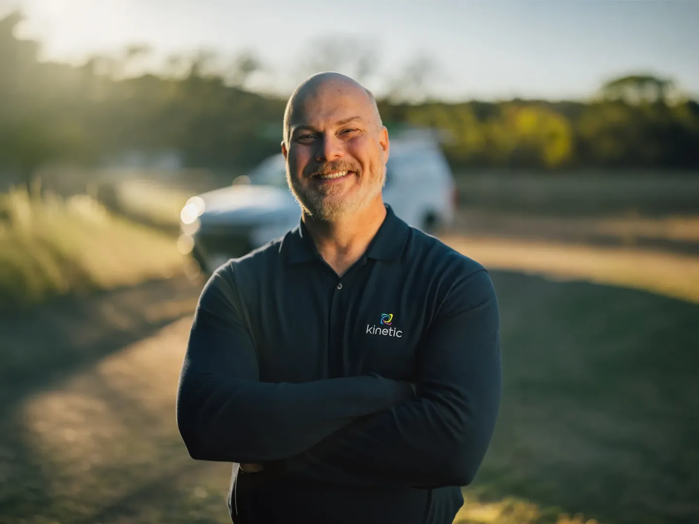 A smiling Kinetic service technician standing with arms crossed in front of a service vehicle at sunset.